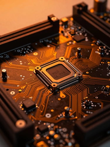 Macro shot of high-performance motherboard circuits, dark metallic surfaces, sharp orange ambient glow, dramatic studio backlighting