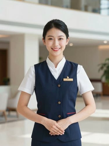 A professional hospitality worker in a clean uniform, smiling confidently in a bright modern hotel lobby, professional editorial photography, 35mm lens