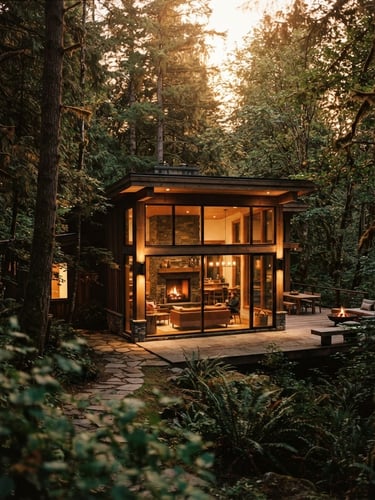 Warm editorial photography of a modern luxury lodge nestled in a deep forest glade, soft golden hour window light, rich deep tones, 35mm film