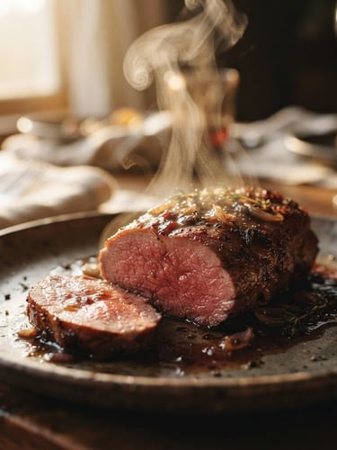 Tight macro shot of steam rising from a perfectly seared venison loin, rich wine reduction glaze, warm golden-hour window light, shallow depth of field, 35mm film.