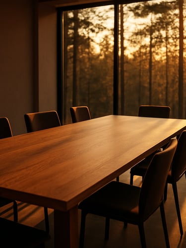 A sun-drenched modern boardroom with a long oak table, minimalist chairs, and large windows showing a pine forest at golden hour.