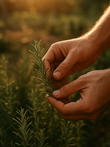 Hands gently harvesting fresh rosemary in a sun-drenched estate kitchen garden, soft golden hour backlighting, warm rich tones, 35mm film.