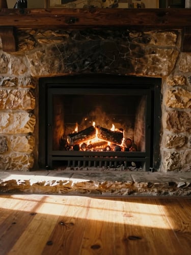 Close-up of a rustic stone fireplace with glowing embers, warm golden-hour window light casting long shadows across a polished oak floor, 35mm film style.