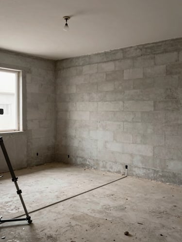 Raw state of a Lubumbashi living room before renovation — bare concrete block walls, unfinished floor slab, exposed conduit, diffused overcast daylight, no people, wide architectural frame from tripod