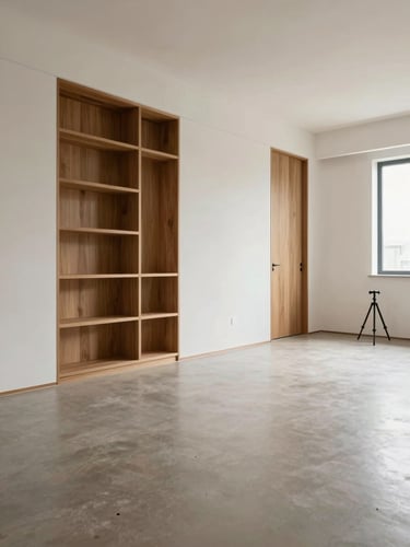 Completed renovation of the same Lubumbashi living room — polished screed floor, white plaster walls with precise geometry, minimal built-in joinery in natural wood, diffused north-facing daylight, empty space, tripod-stable wide architectural frame