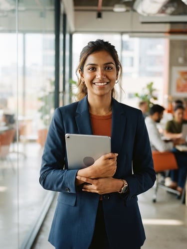 A portrait of a confident young Indian educational entrepreneur standing in a bright, modern, glass-walled technology office, holding a digital tablet, natural daylight, professional workspace, 35mm