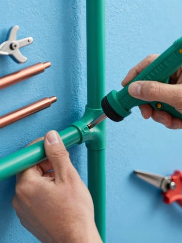 Close up colorful photograph of hands using a green heat-fusion tool to join green water pipes on a wall, bright vivid lighting, neat craftsmanship, tools neatly arranged around, hyperrealistic 8k