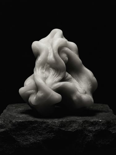Dramatic low-key fine art photography of an unbroken alabaster silicone sculptural form casting deep velvet-like shadows on a dark stone plinth, Hasselblad medium format
