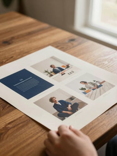 Close-up of hands arranging editorial print proofs on a heavy oak desk, warm morning light, premium paper textures, minimalist layout