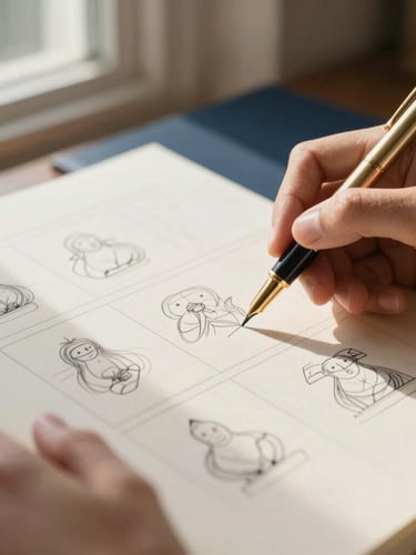 Close-up of hands sketching a storyboard on premium cream paper, elegant gold pen, soft window light, shallow depth of field