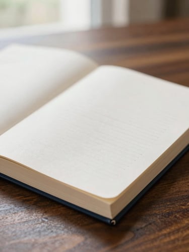 A close-up of a high-end printed journal resting on a dark wood table under soft morning light, shallow depth of field, 35mm