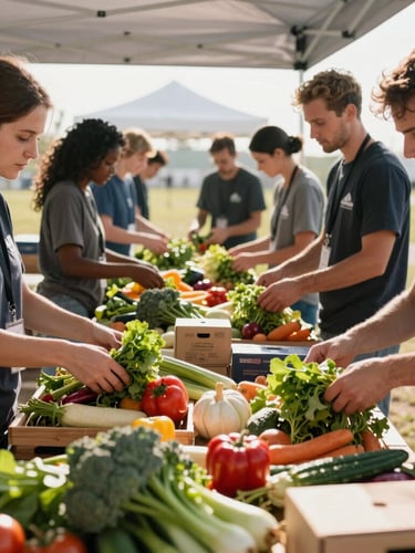 Wide environmental shot of a volunteer sorting fresh produce at a local food distribution hub, natural morning light, high contrast, hands-on focus.