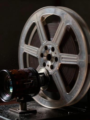 Macro close-up of a vintage 35mm film reel being fed into an optical scanner, high-contrast chiaroscuro lighting, dust particles catching light, deep shadows, cinematic film photography