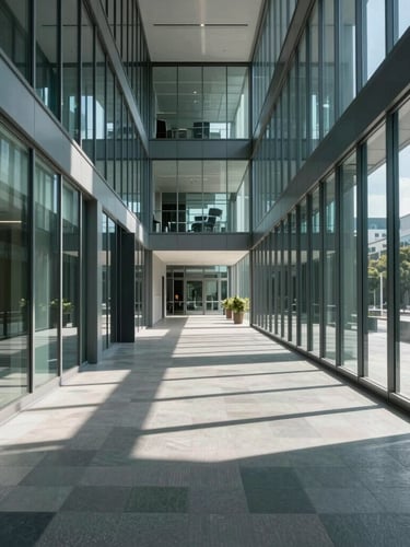 Architectural wide angle of a modern corporate glass office corridor, sharp shadows, focused cool daylight, clean lines.