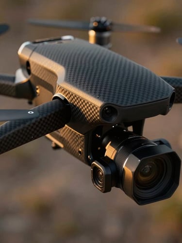 Close-up of a high-end professional cinema drone body, matte black carbon fiber construction, visible high-precision camera gimbal, dramatic studio lighting, high contrast