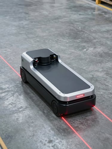 High-angle shot of an automated guided vehicle (AGV) navigating a clean concrete warehouse floor, cool silver lighting with sharp red laser guidance lines, technical industrial atmosphere.