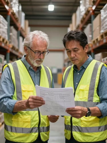 High-contrast portrait of a senior logistics consultant in a high-visibility vest reviewing schematics with a warehouse manager, warm overhead bay lighting.