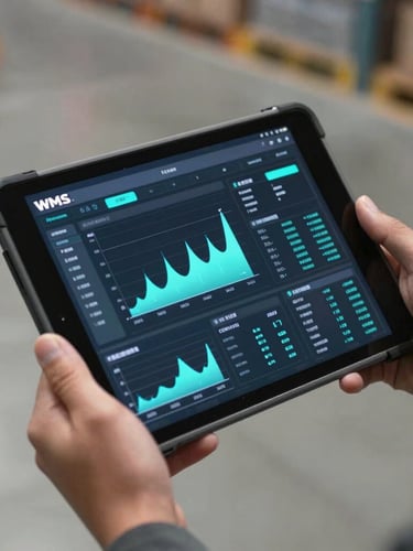 Close-up of a hand holding a rugged tablet displaying a real-time WMS dashboard with bright turquoise data charts, background of a clean warehouse floor.