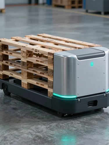 An automated guided vehicle carrying a heavy pallet across a clean concrete warehouse floor, cool silver lighting, turquoise LED indicator light glowing on its side.
