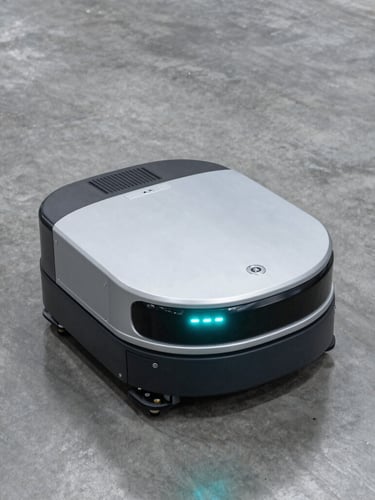 High-angle shot of an automated guided vehicle navigating a clean concrete warehouse floor, cool silver tones, turquoise LED indicator light glowing