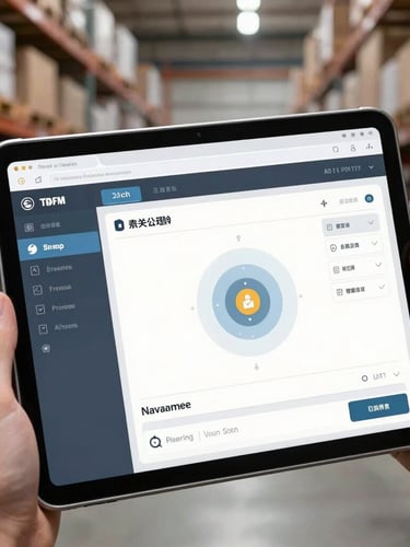 Close-up shot of a rugged tablet displaying a real-time warehouse management system dashboard, held by a hand in the foreground, background blurred warehouse bays.