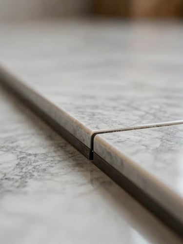 Macro extreme close-up of a high-gloss vinyl floor wrap edge meeting a polished marble border perfectly, clean venue daylight, sharp focus on the flawless seam