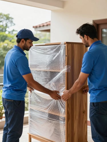 Bright natural daylight photography of professional movers in clean uniforms carefully wrapping a wooden cabinet with multi-layer bubble wrap inside a Mysuru home, sharp focus.