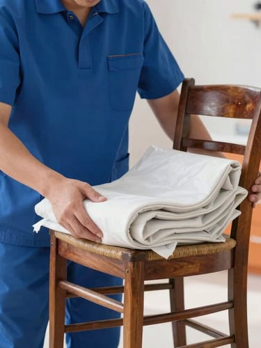 A professional packer in a clean uniform carefully securing a protective blanket around a vintage wooden chair, bright natural light.
