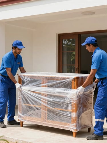 Bright daylight photography of professional movers in clean uniforms carefully wrapping a wooden cabinet with multi-layer protective bubble wrap in a Mysuru home.
