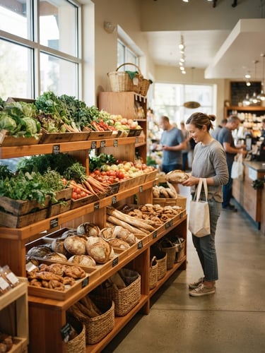 Bright warm interior of a clean neighborhood supermarket, wooden shelves stocked with fresh bread and local produce, soft morning light, 35mm photography