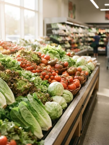 Bright natural morning light illuminating a beautifully arranged display of fresh green lettuce and red tomatoes in a clean supermarket aisle, 35mm photography