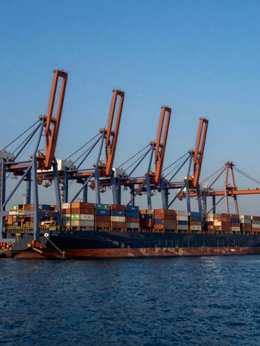 Wide panoramic view of Sohar Port at blue hour, towering industrial cranes, massive container ship docked, deep blue maritime water, dramatic shadows.