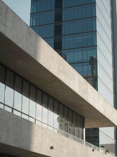 Close-up shot of architectural concrete and glass of Muscat's modern business district under sharp morning sunlight, dramatic shadows, clean structural lines