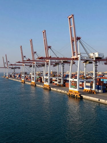 An epic wide-angle shot of the modern container terminal at the Port of Sohar during blue hour, high-contrast lighting with deep blue water and crisp white crane structures, generous negative space on the left.