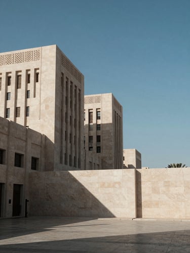 A high-contrast architectural photograph of Muscat's modern financial district, sharp geometric concrete shadows under bright Arabian sunlight, minimalist composition with ample negative sky space.