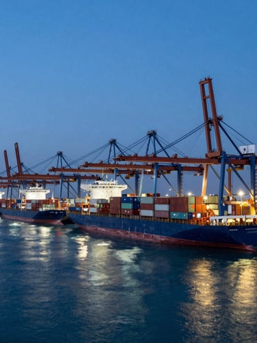Wide panoramic view of Sohar Port at blue hour, massive container ships docked alongside towering cranes, deep blue water reflecting industrial lights, clear sky, highly structured composition.