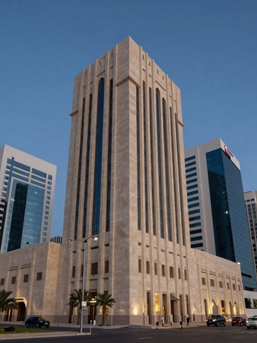 Wide-angle architectural view of Muscat's modern business district at blue hour, sharp geometric shadows, clean sandstone facades, professional and authoritative tone.