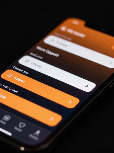 Macro shot of a dark smartphone screen displaying a streamlined upload form, glowing orange interface elements, sharp focus on digital inputs, high contrast studio lighting