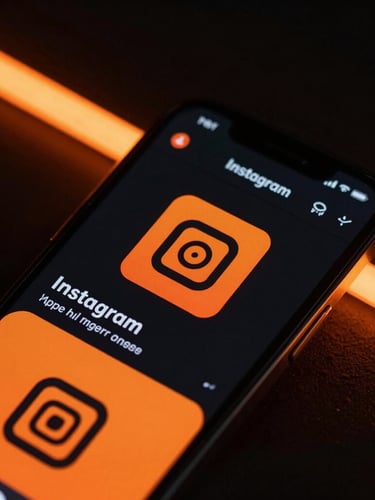 Macro shot of a high-definition smartphone mockup displaying an active Instagram feed, featuring high-contrast black and electric orange layouts, crisp geometric typography, dark mode UI styling, dramatic studio lighting with neon orange highlights.