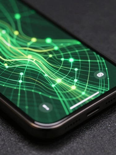 Angled close-up of a dark physical phone screen showing a vibrant vector wireframe interface with electric green accents, neon ambient reflections on glass.