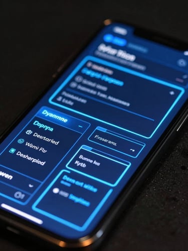 Dynamic angled close-up of a mobile screen showing raw vector UI wireframes glowing with neon cyber-blue light, dark ambient background