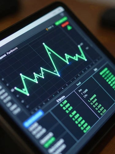 Extreme close-up of a high-fidelity physical Android device screen displaying a system monitor interface with electric green and cyber-blue telemetry lines, dark ambient room glow with neon reflections on glass, angled composition