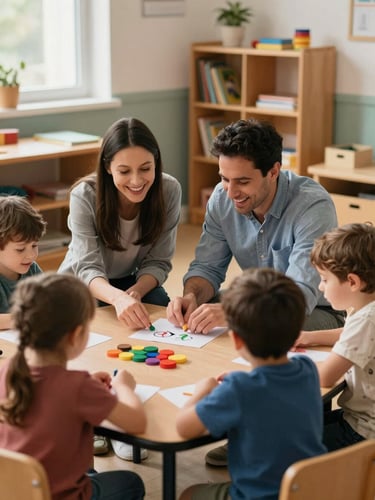 Close documentary-style shot of two teachers — a woman and a man — crouching together at a low classroom table with a small group of preschoolers, all engaged in a hands-on activity, warm natural window light from the left, genuine laughter and attention visible on their faces, wooden shelves with books and simple manipulatives in the soft-focus background