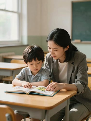 Close environmental shot, warm indoor classroom light — a teacher kneeling beside a young child at a small wooden table, both looking at an open picture book together, genuine quiet connection, soft natural window light from the left, mustard-yellow chair visible in background