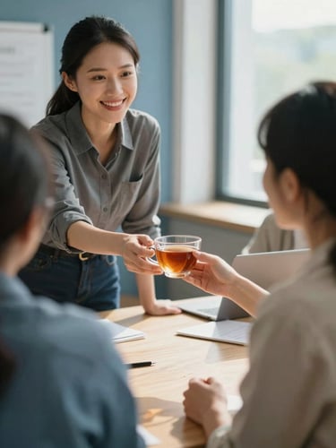 A warm, sunlit modern meeting room where a supportive coordinator hands a cup of tea to a seated client, shallow depth of field, 35mm lens.