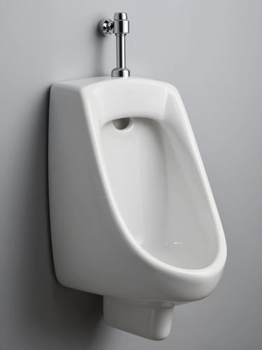 Orthographic side-profile studio shot of a wall-hung commercial urinal, cool even lighting, soft shadows, flawless white ceramic glaze against a clean neutral gray background.