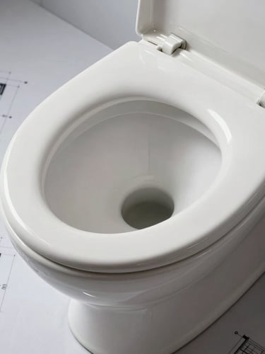 Technical cross-section diagram of a ceramic toilet bowl showing the glazed trapway and rimless flush water path, architectural blueprint style