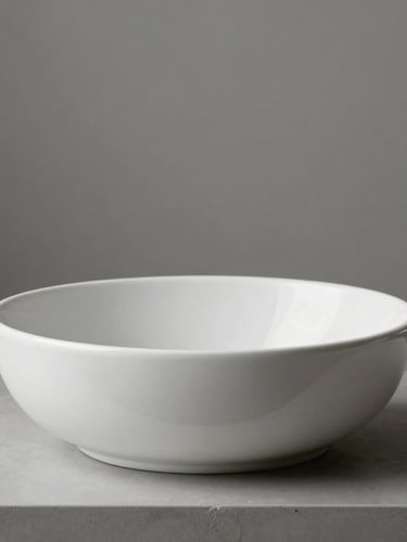 Orthographic side-profile shot of a minimalist tabletop wash basin, showing its ultra-thin rim and flawless white glaze, set against a neutral gray architectural backdrop.