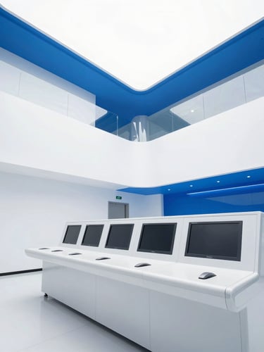 Bright architectural photography of a modern high-tech control room with clean geometric lines, flooded with high-key natural daylight, electric blue highlights.