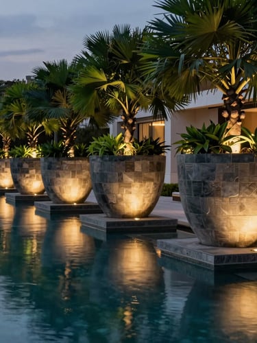 A stunning portrait of massive custom-engineered planters lining a luxury resort pool at dusk, warm lighting casting long silhouettes on the water, high contrast